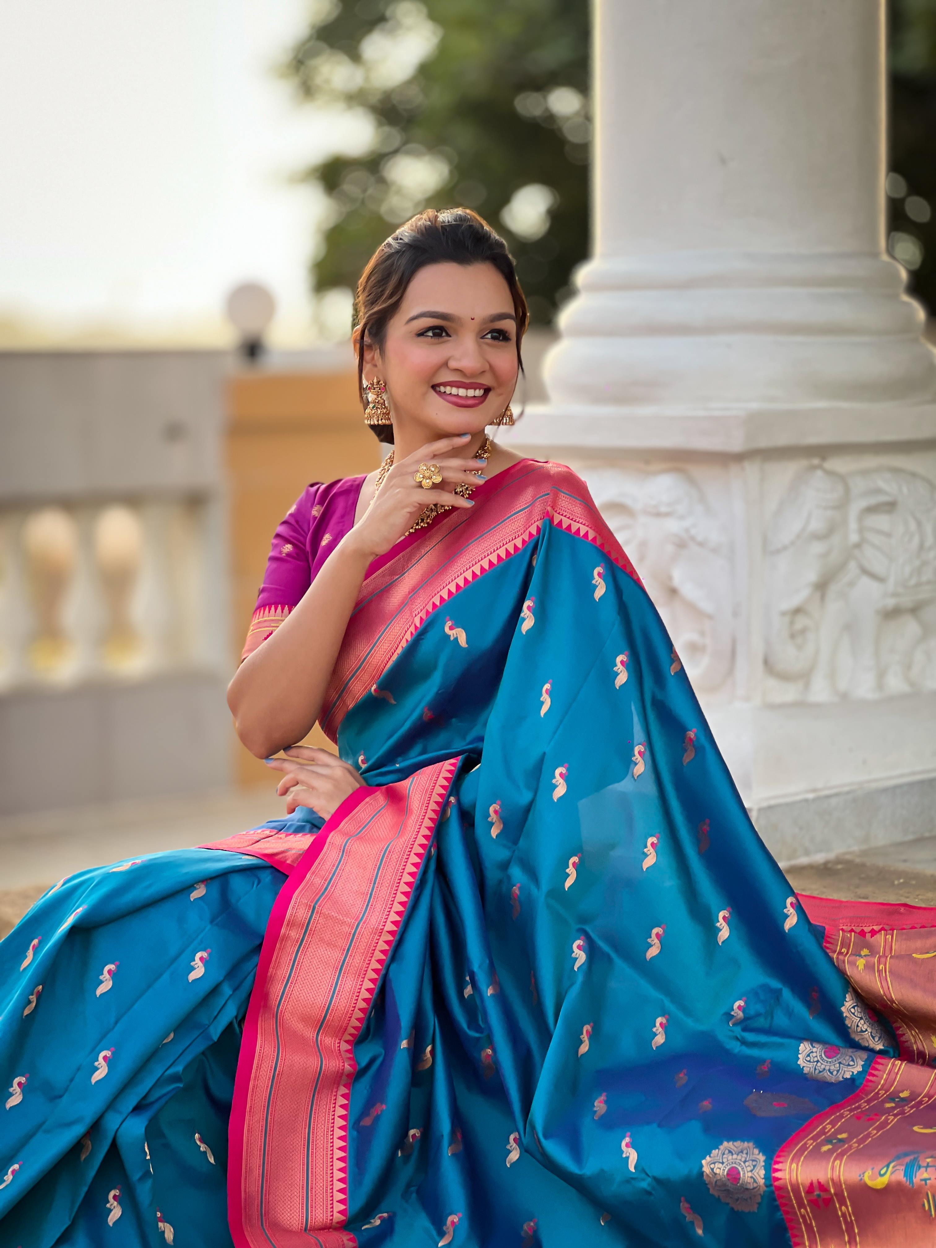 Sky Blue Traditional Paithani Silk Saree with Tassels & Latkans – Includes Matching Blouse