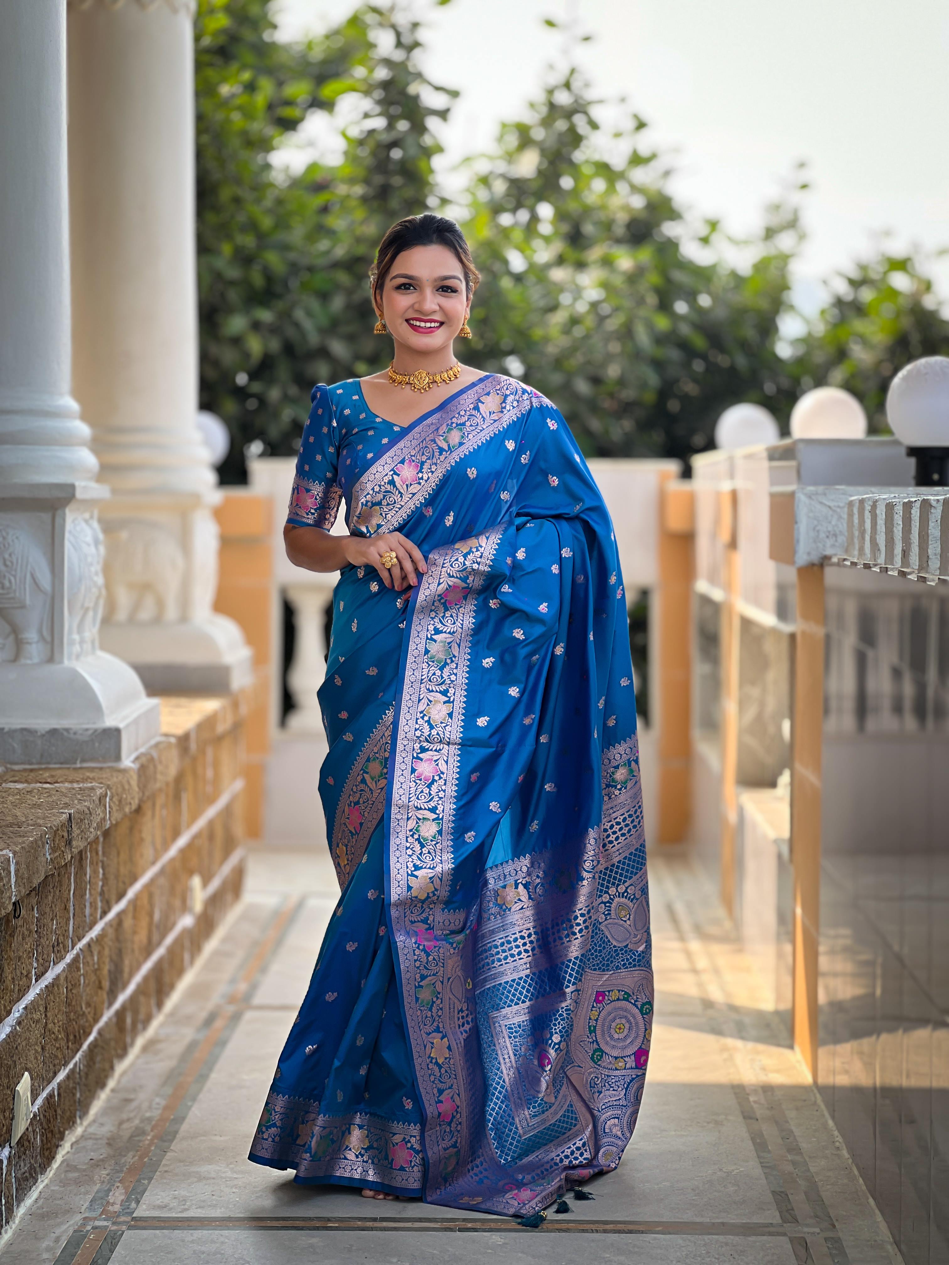 Sky Blue Varni Fabrics Women Paisley Banarasi Silk Embellished Saree comes With Matching Blouse