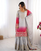 Women’s Grey Chinon Embroidered Salwar Suit with Dupatta – Elegant Ethnic Wear