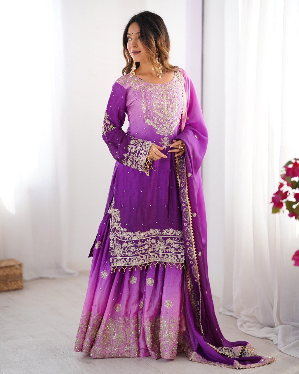 Women’s Grey Chinon Embroidered Salwar Suit with Dupatta – Elegant Ethnic Wear