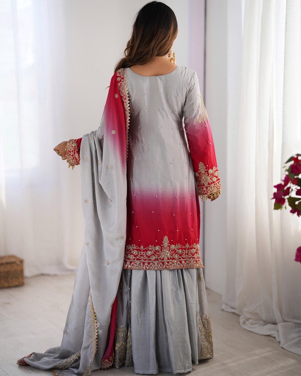 Women’s Grey Chinon Embroidered Salwar Suit with Dupatta – Elegant Ethnic Wear