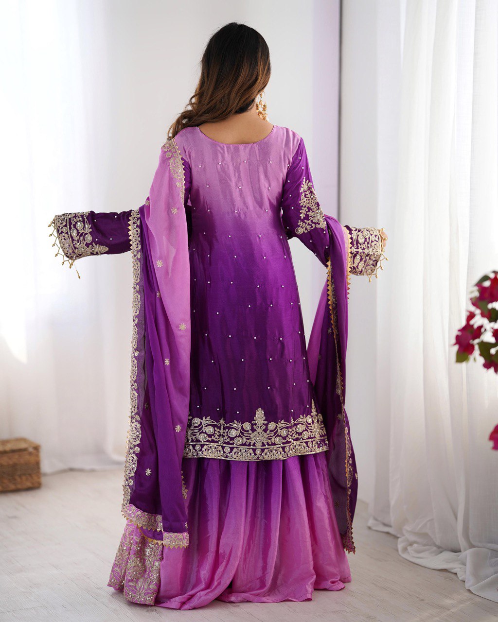 Women’s Wine Chinon Embroidered Salwar Suit with Dupatta – Elegant Ethnic Wear