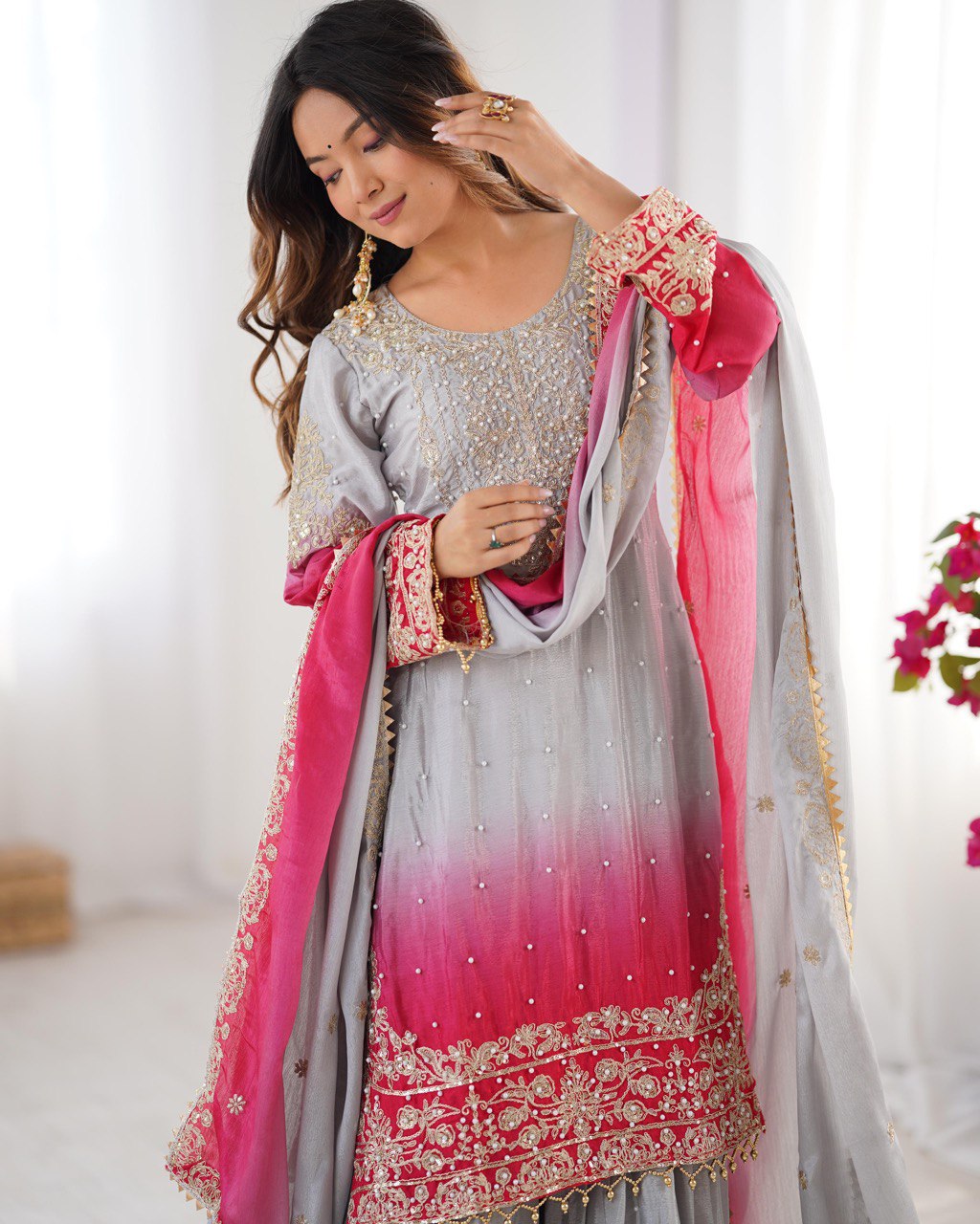 Women’s Grey Chinon Embroidered Salwar Suit with Dupatta – Elegant Ethnic Wear