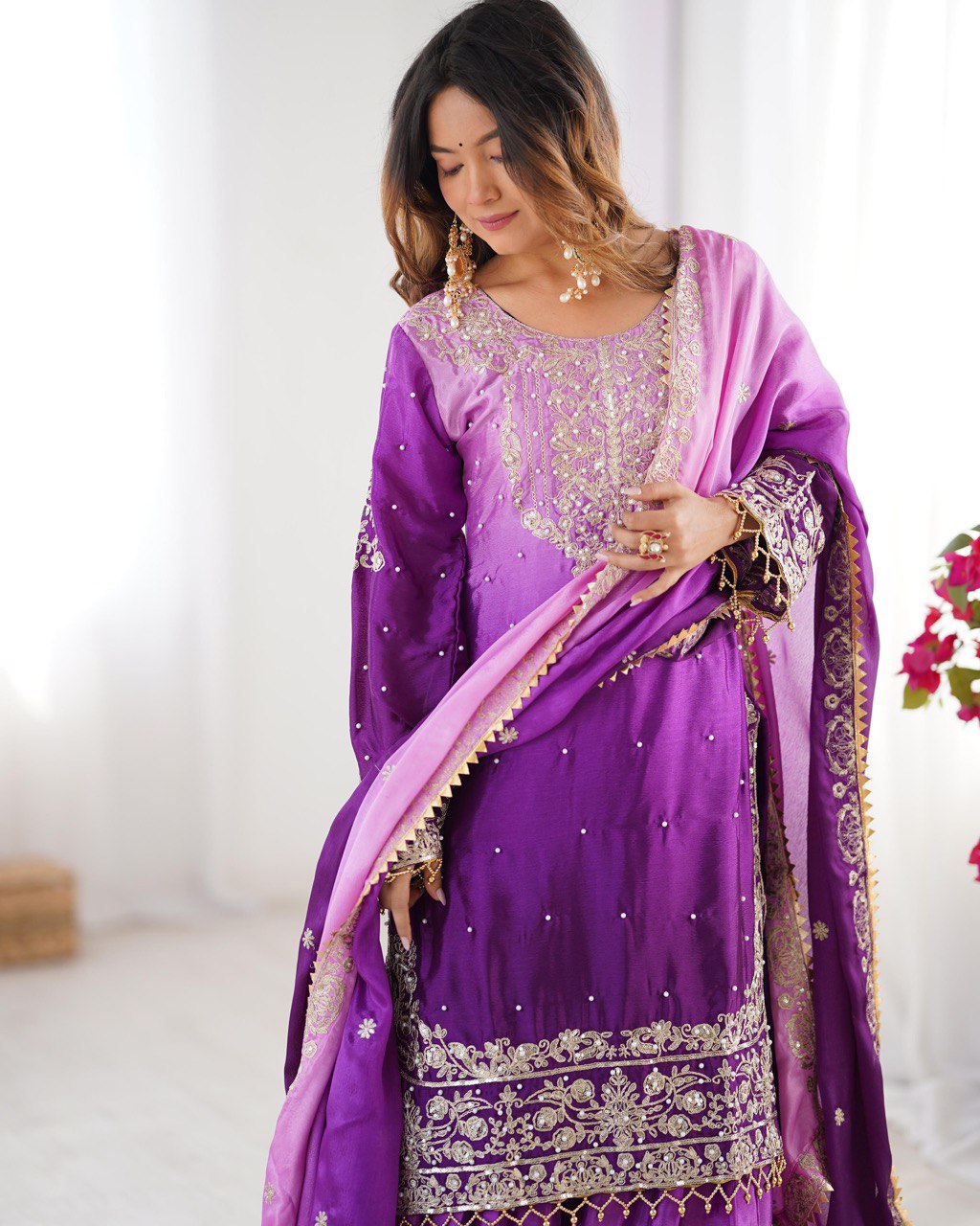 Women’s Wine Chinon Embroidered Salwar Suit with Dupatta – Elegant Ethnic Wear