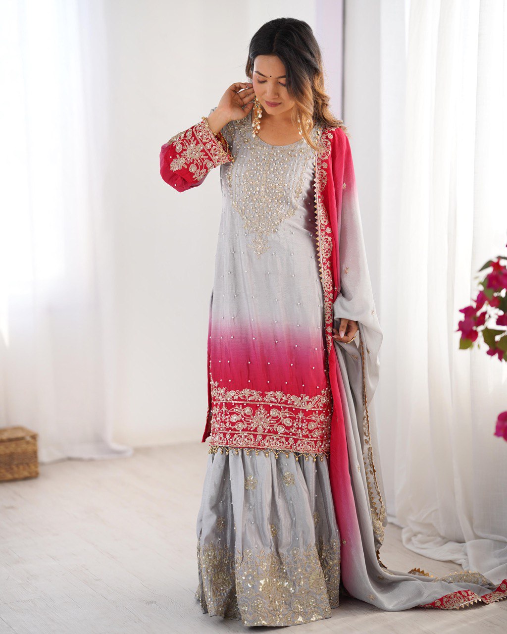 Women’s Grey Chinon Embroidered Salwar Suit with Dupatta – Elegant Ethnic Wear