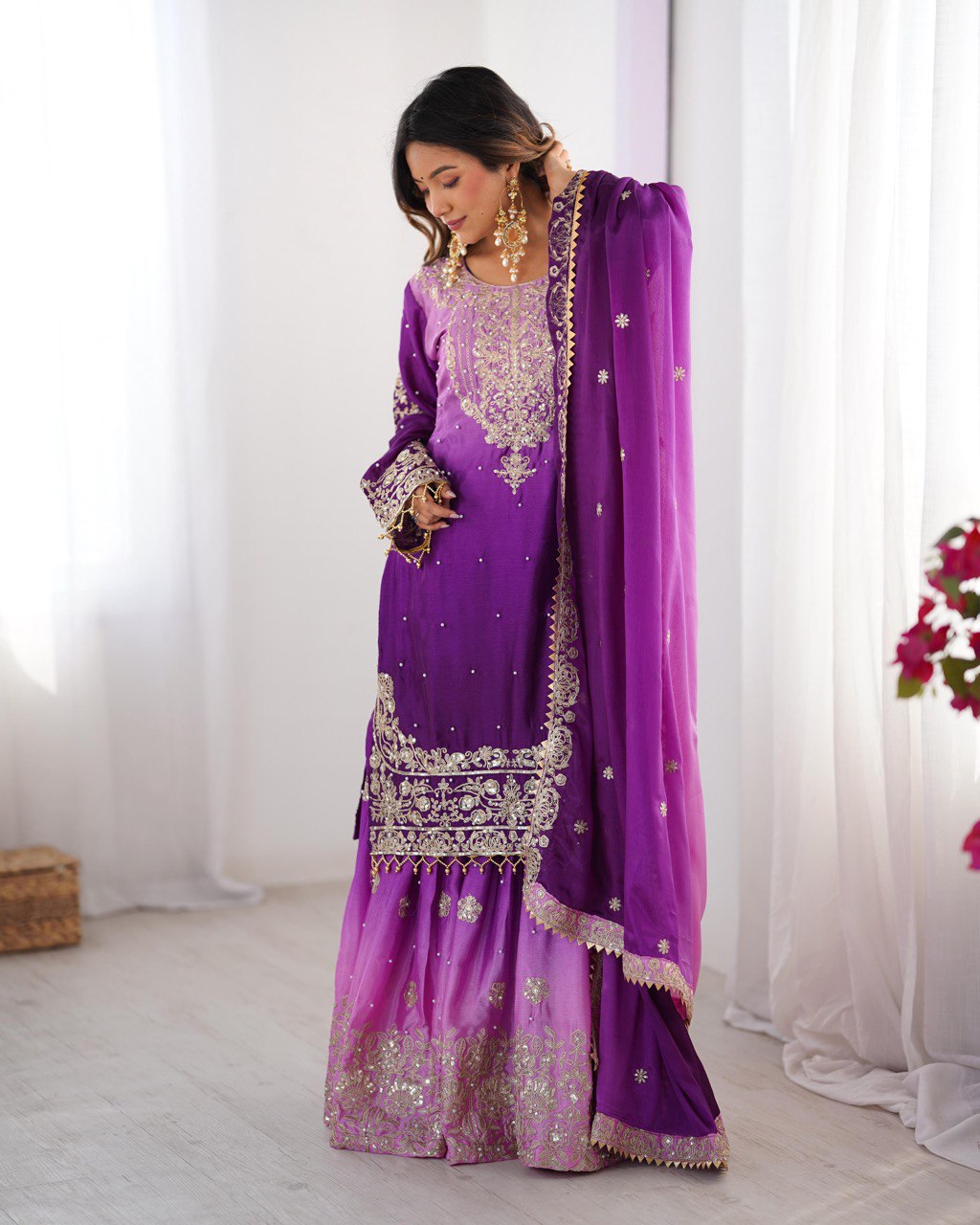 Women’s Wine Chinon Embroidered Salwar Suit with Dupatta – Elegant Ethnic Wear