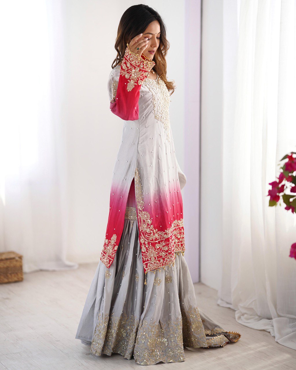 Women’s Grey Chinon Embroidered Salwar Suit with Dupatta – Elegant Ethnic Wear