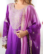 Women’s Wine Chinon Embroidered Salwar Suit with Dupatta – Elegant Ethnic Wear