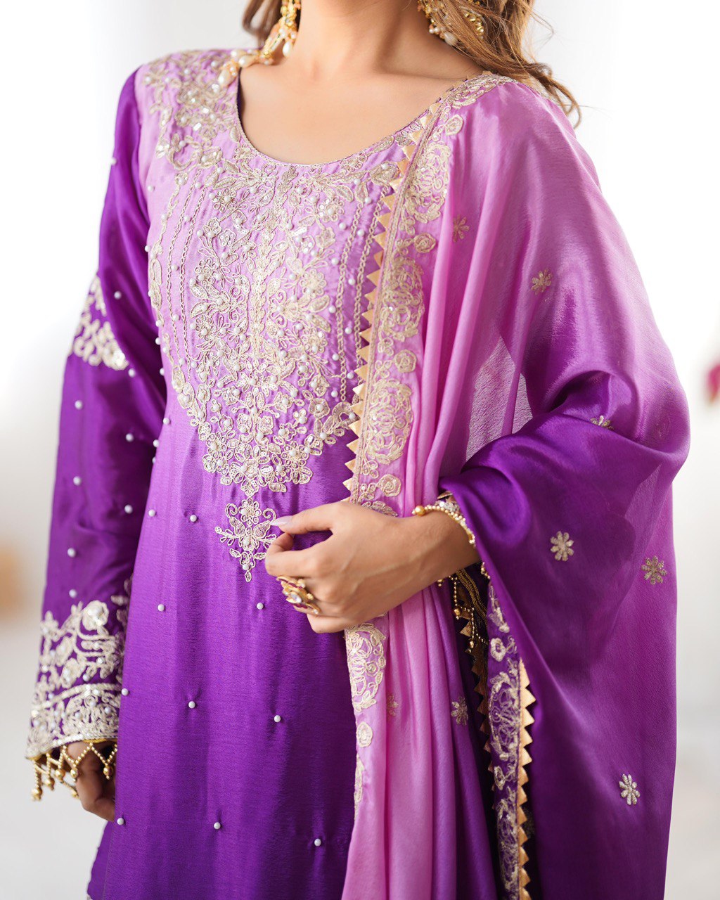 Women’s Wine Chinon Embroidered Salwar Suit with Dupatta – Elegant Ethnic Wear