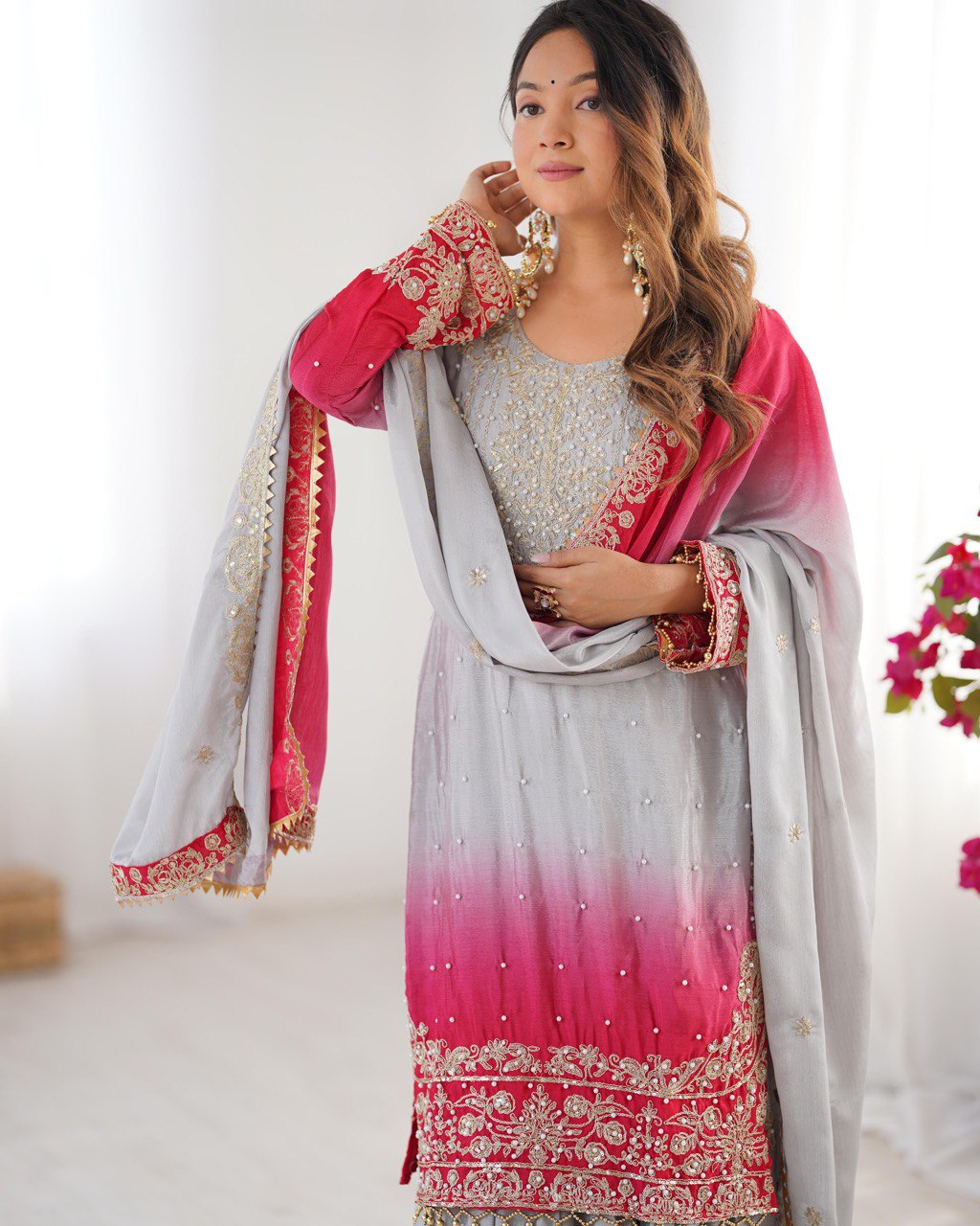 Women’s Grey Chinon Embroidered Salwar Suit with Dupatta – Elegant Ethnic Wear