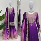 Women’s Wine Chinon Embroidered Salwar Suit with Dupatta – Elegant Ethnic Wear