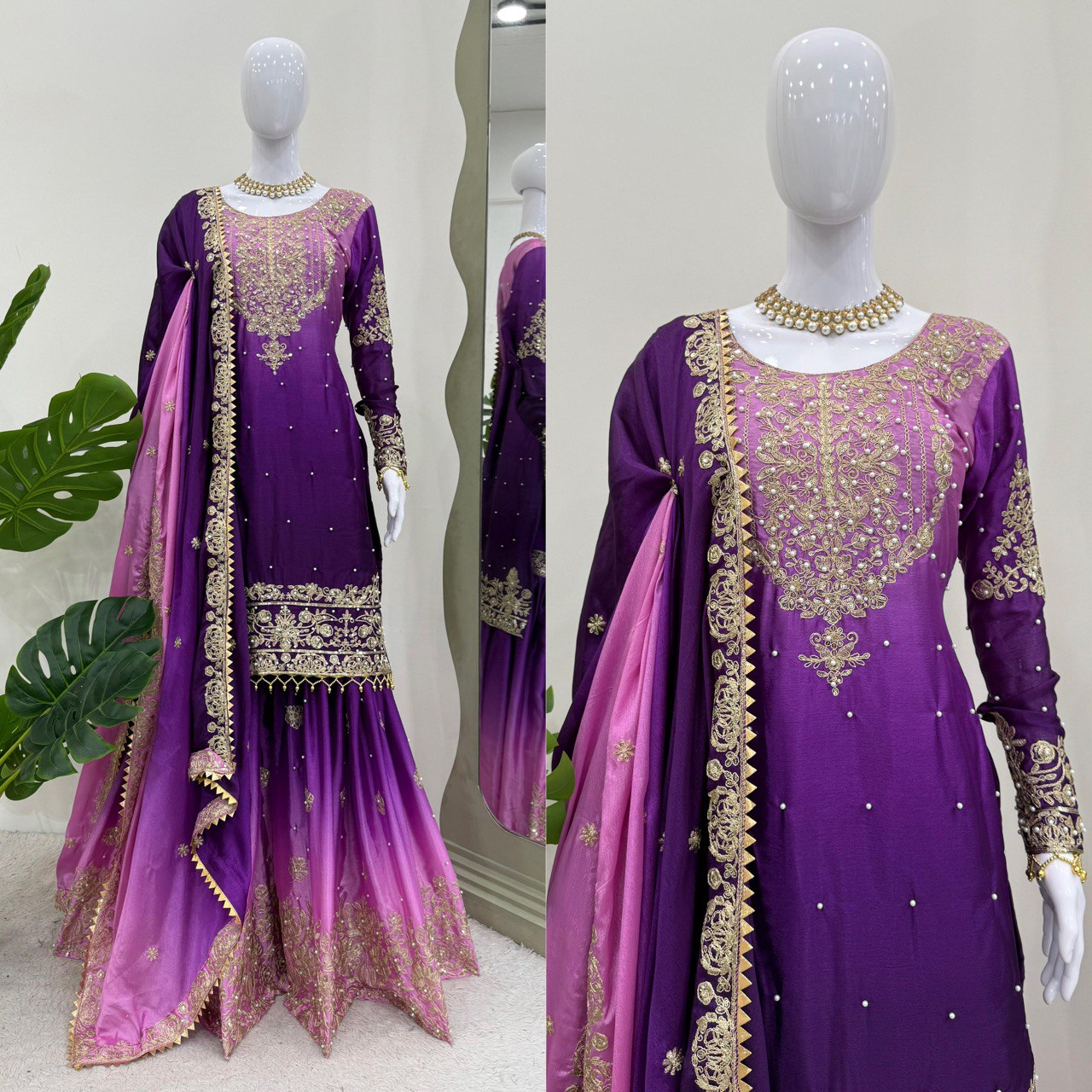 Women’s Wine Chinon Embroidered Salwar Suit with Dupatta – Elegant Ethnic Wear