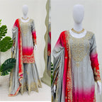 Women’s Grey Chinon Embroidered Salwar Suit with Dupatta – Elegant Ethnic Wear