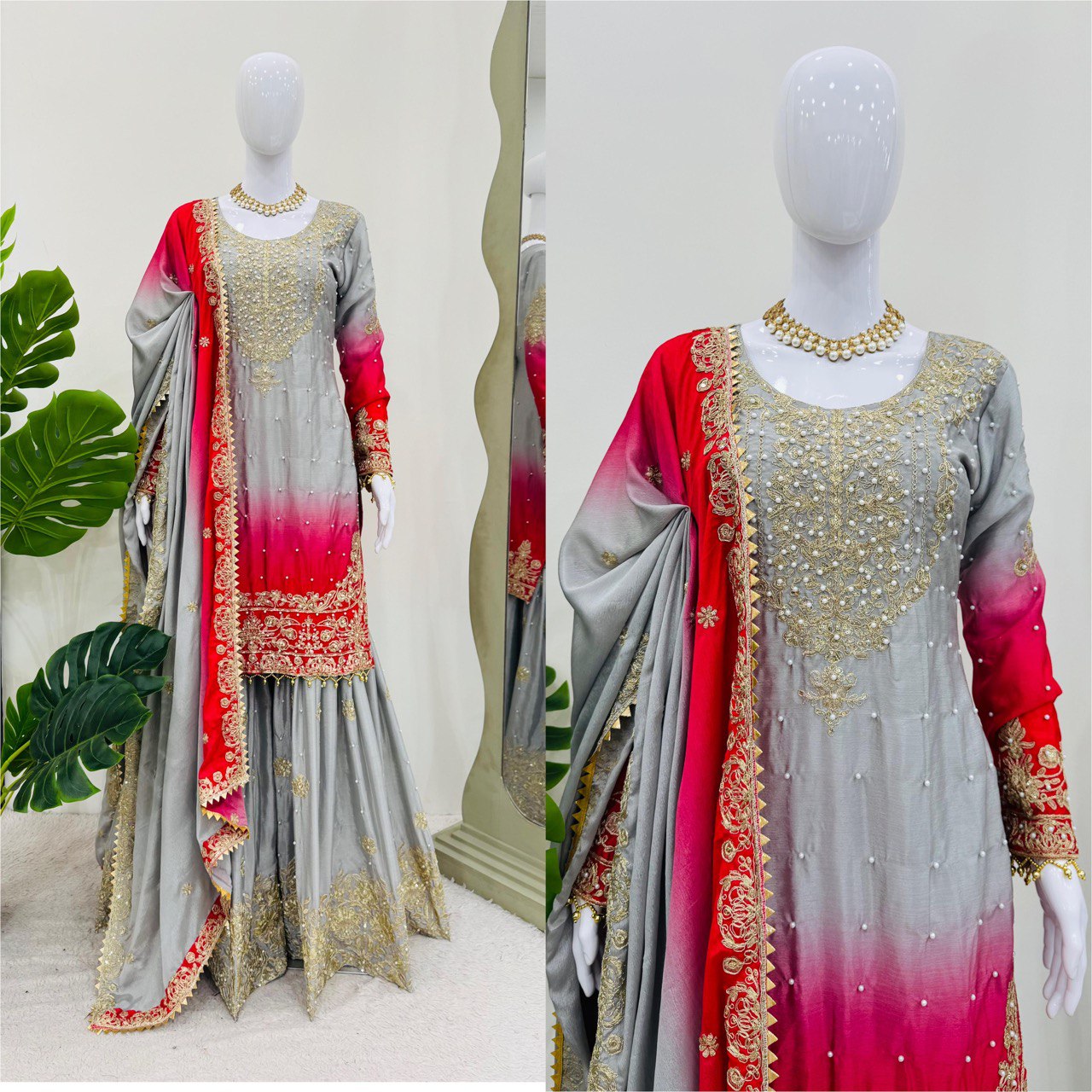 Women’s Grey Chinon Embroidered Salwar Suit with Dupatta – Elegant Ethnic Wear