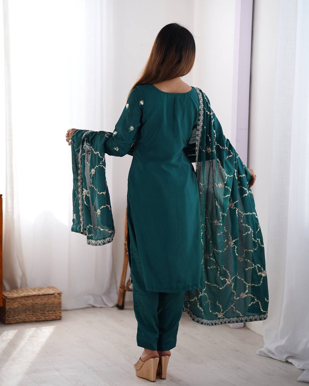 Women’s Chinon Teal Salwar Suit – Elegant Ethnic Wear for Festive & Party Occasions