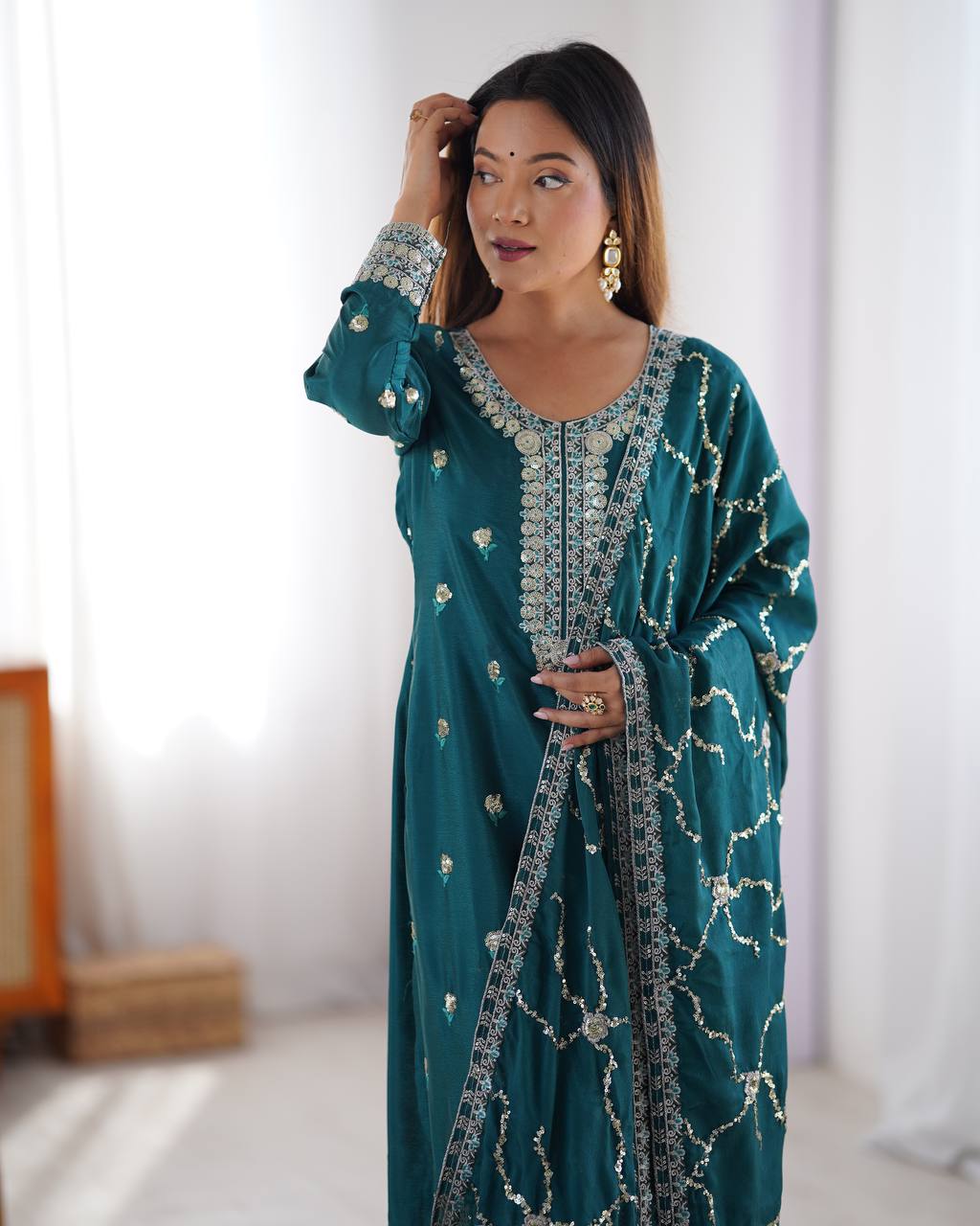 Women’s Chinon Teal Salwar Suit – Elegant Ethnic Wear for Festive & Party Occasions