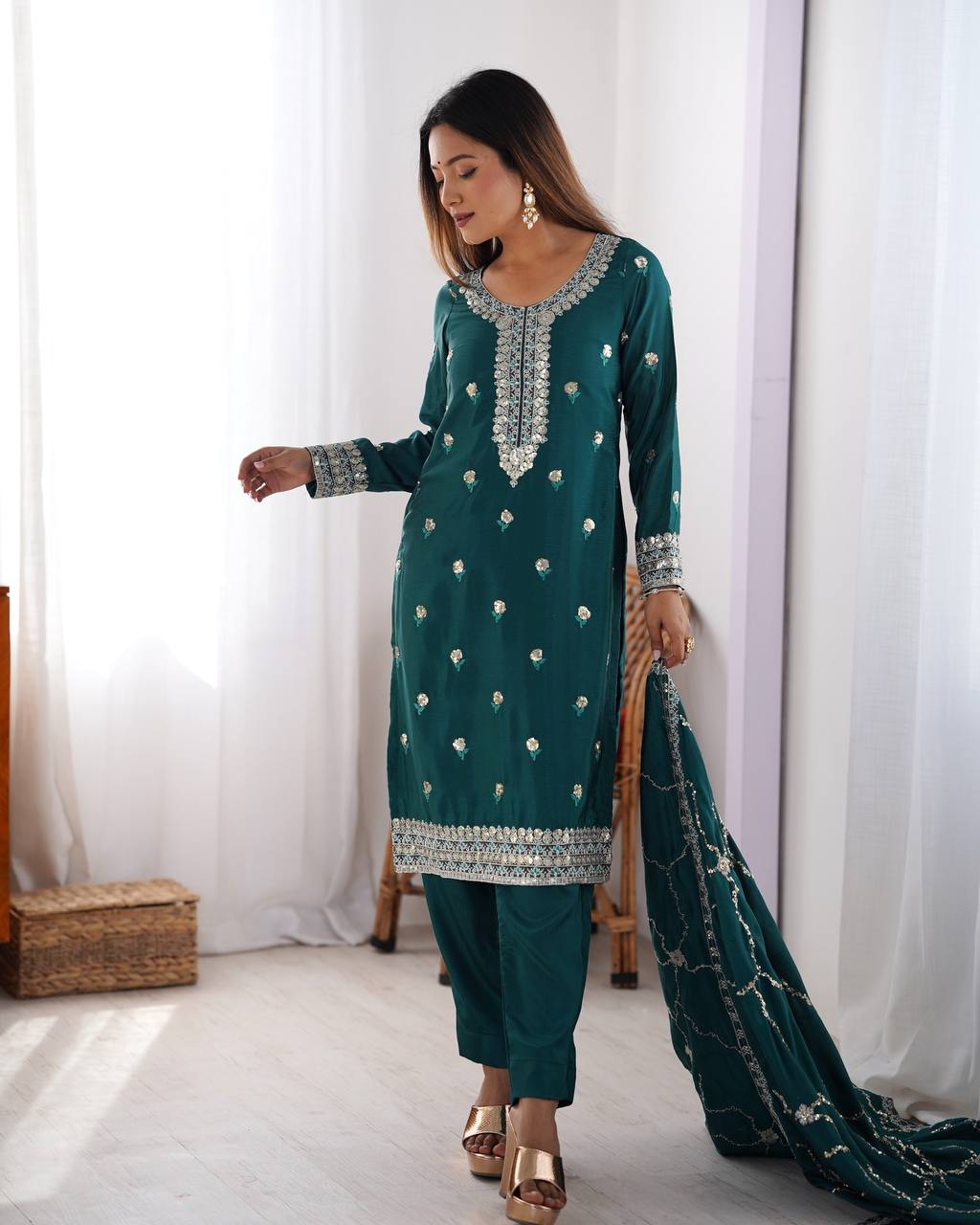 Women’s Chinon Teal Salwar Suit – Elegant Ethnic Wear for Festive & Party Occasions