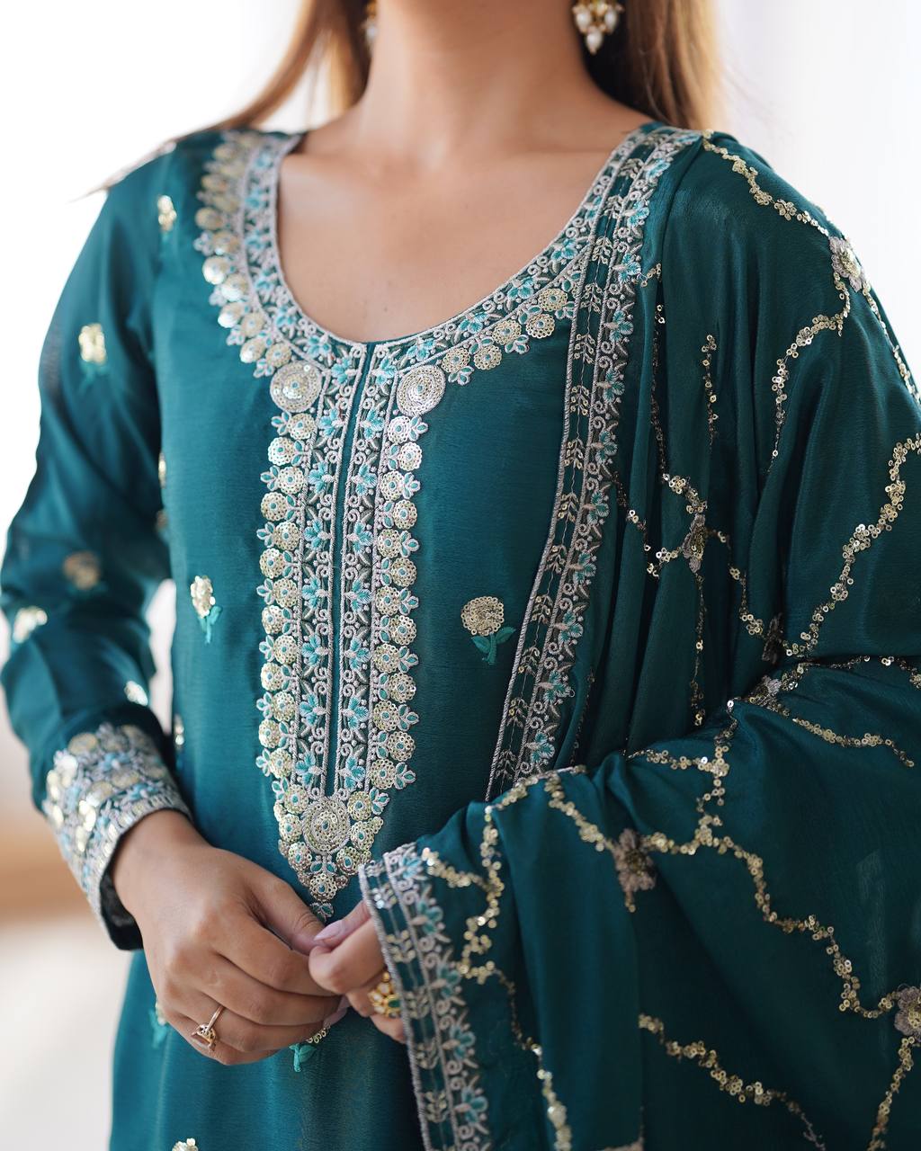 Women’s Chinon Teal Salwar Suit – Elegant Ethnic Wear for Festive & Party Occasions