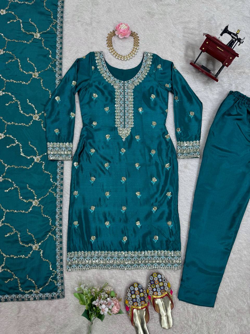 Women’s Chinon Teal Salwar Suit – Elegant Ethnic Wear for Festive & Party Occasions