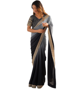 Black & Grey Ombre Silk Saree with Gold Embroidered Readymade Blouse - Wedding & Party Wear