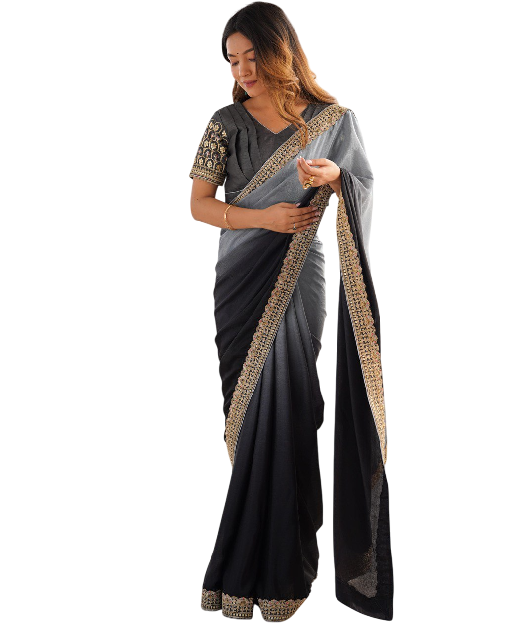 Black & Grey Ombre Silk Saree with Gold Embroidered Readymade Blouse - Wedding & Party Wear
