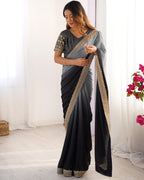 Black & Grey Ombre Silk Saree with Gold Embroidered Readymade Blouse - Wedding & Party Wear