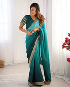 Rama & Green Ombre Silk Saree with Gold Embroidered Readymade Blouse - Wedding & Party Wear