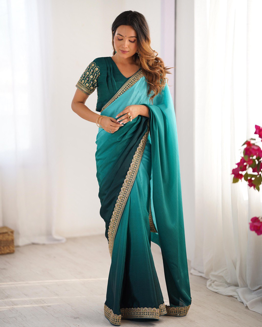 Rama & Green Ombre Silk Saree with Gold Embroidered Readymade Blouse - Wedding & Party Wear