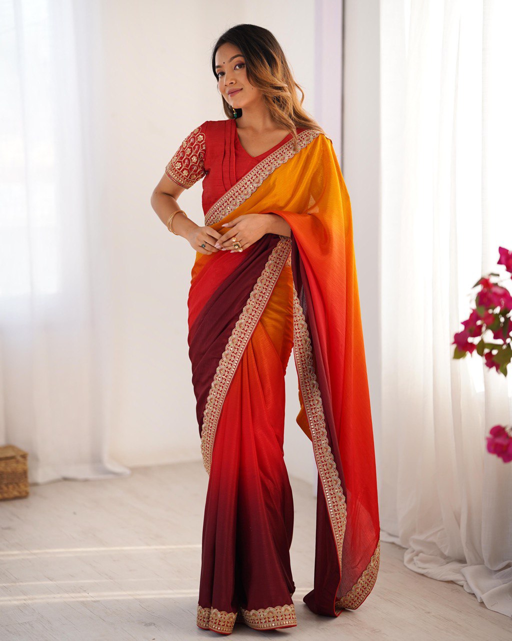 Orange & Maroon Ombre Silk Saree with Gold Embroidered Readymade Blouse - Wedding & Party Wear
