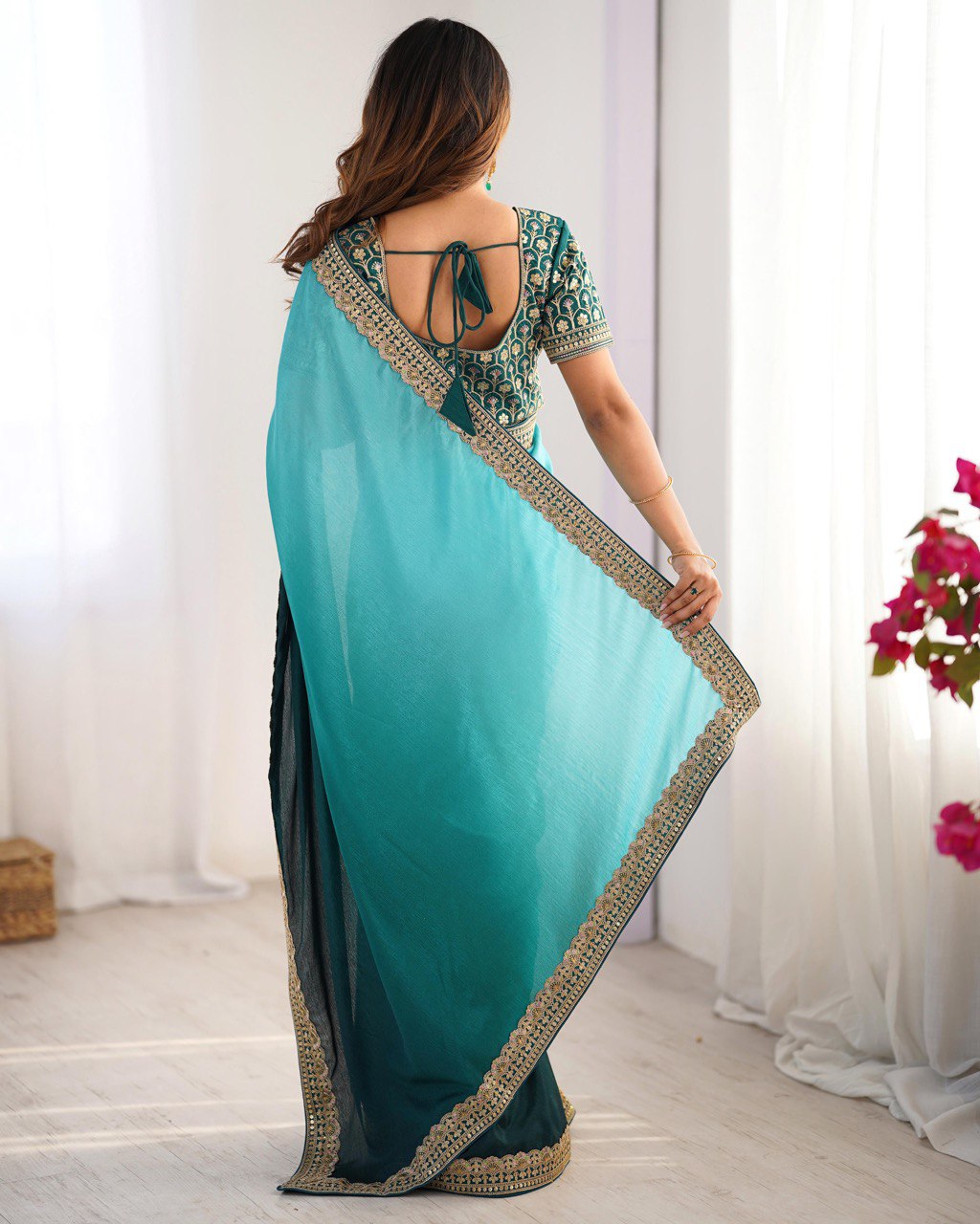 Rama & Green Ombre Silk Saree with Gold Embroidered Readymade Blouse - Wedding & Party Wear