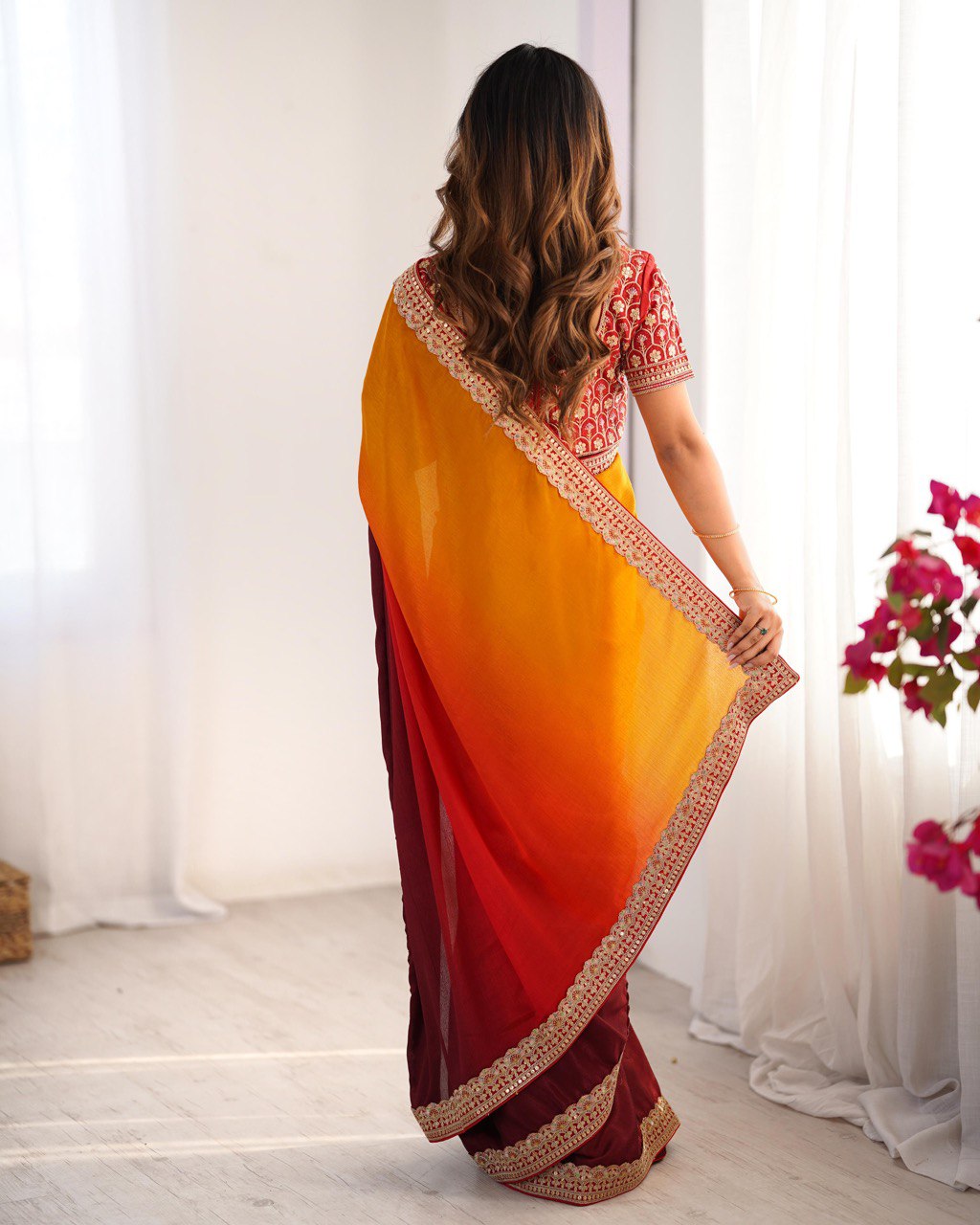 Orange & Maroon Ombre Silk Saree with Gold Embroidered Readymade Blouse - Wedding & Party Wear
