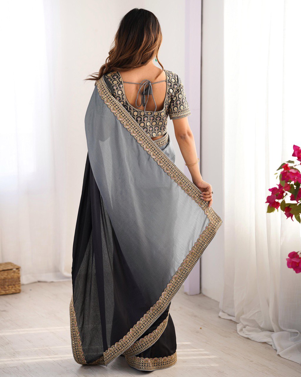 Black & Grey Ombre Silk Saree with Gold Embroidered Readymade Blouse - Wedding & Party Wear