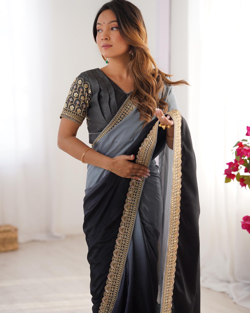 Black & Grey Ombre Silk Saree with Gold Embroidered Readymade Blouse - Wedding & Party Wear