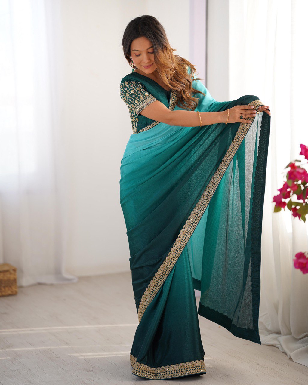 Rama & Green Ombre Silk Saree with Gold Embroidered Readymade Blouse - Wedding & Party Wear
