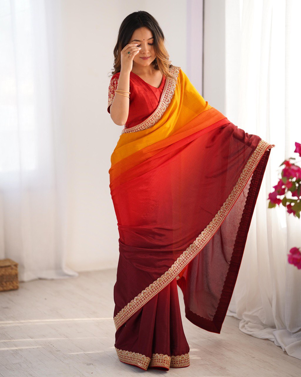 Orange & Maroon Ombre Silk Saree with Gold Embroidered Readymade Blouse - Wedding & Party Wear