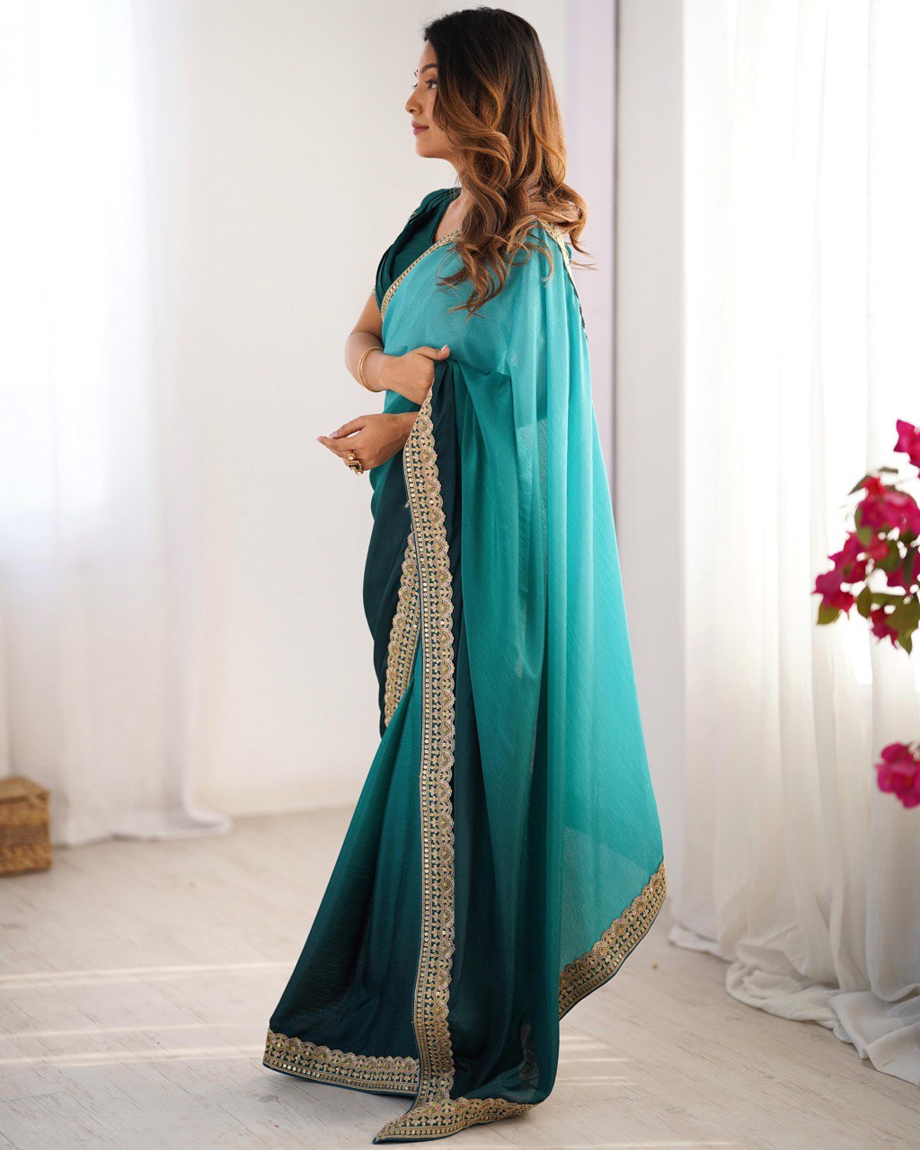 Rama & Green Ombre Silk Saree with Gold Embroidered Readymade Blouse - Wedding & Party Wear