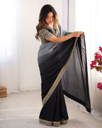 Black & Grey Ombre Silk Saree with Gold Embroidered Readymade Blouse - Wedding & Party Wear