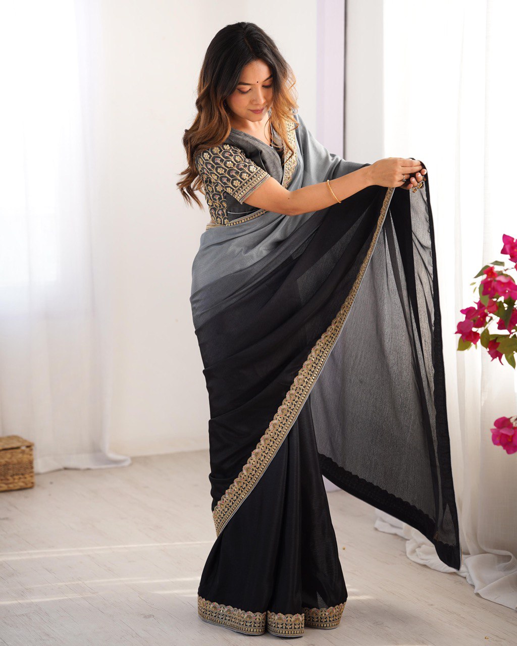 Black & Grey Ombre Silk Saree with Gold Embroidered Readymade Blouse - Wedding & Party Wear