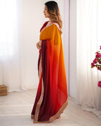 Orange & Maroon Ombre Silk Saree with Gold Embroidered Readymade Blouse - Wedding & Party Wear