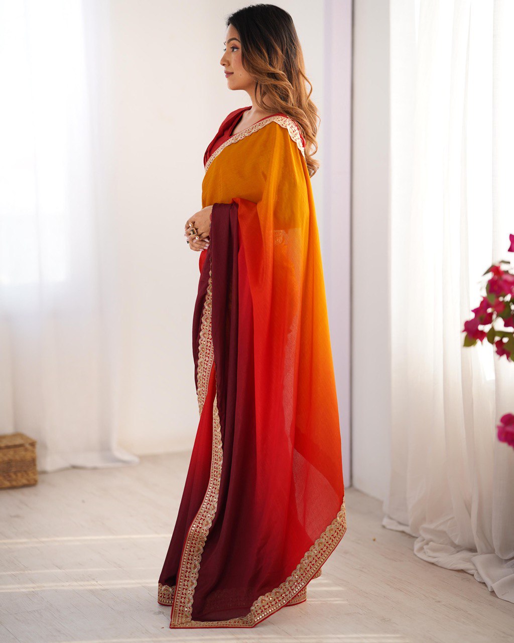 Orange & Maroon Ombre Silk Saree with Gold Embroidered Readymade Blouse - Wedding & Party Wear
