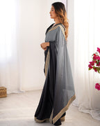 Black & Grey Ombre Silk Saree with Gold Embroidered Readymade Blouse - Wedding & Party Wear
