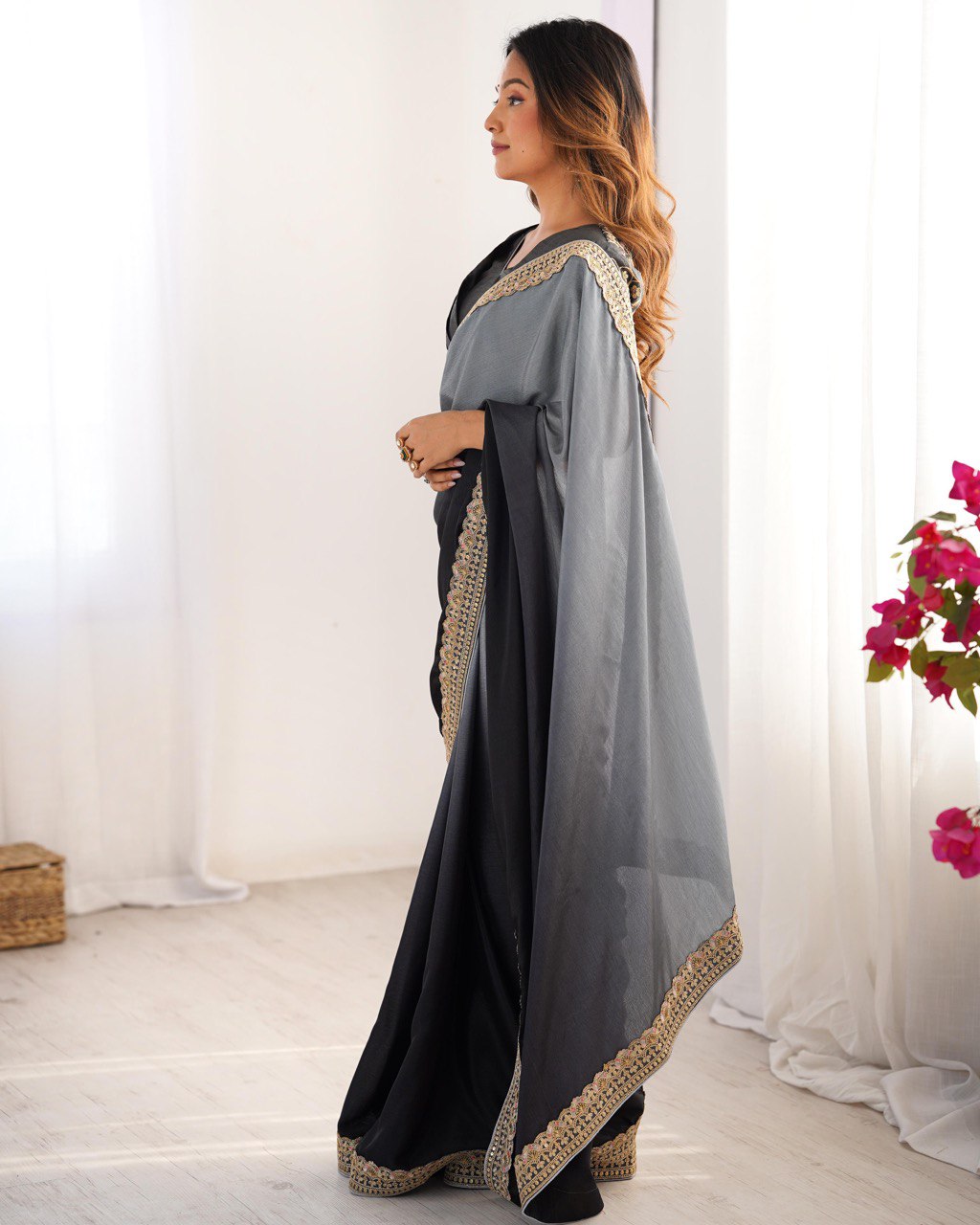 Black & Grey Ombre Silk Saree with Gold Embroidered Readymade Blouse - Wedding & Party Wear