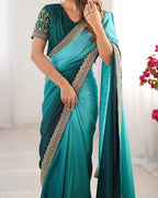 Rama & Green Ombre Silk Saree with Gold Embroidered Readymade Blouse - Wedding & Party Wear