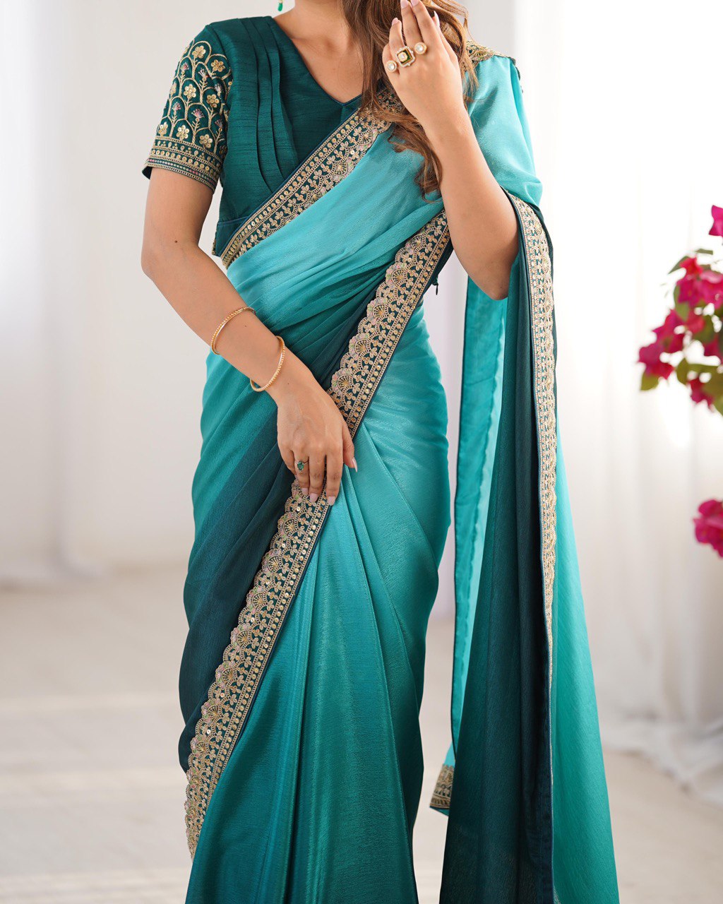 Rama & Green Ombre Silk Saree with Gold Embroidered Readymade Blouse - Wedding & Party Wear