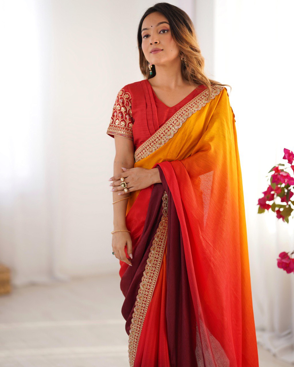 Orange & Maroon Ombre Silk Saree with Gold Embroidered Readymade Blouse - Wedding & Party Wear