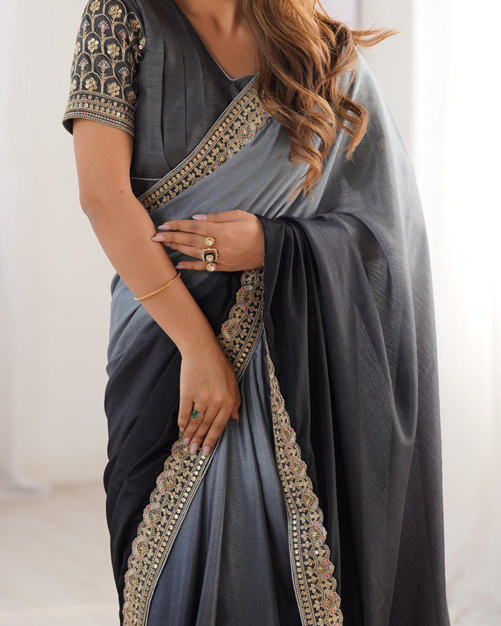 Black & Grey Ombre Silk Saree with Gold Embroidered Readymade Blouse - Wedding & Party Wear