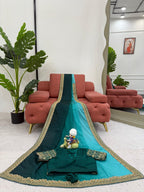 Rama & Green Ombre Silk Saree with Gold Embroidered Readymade Blouse - Wedding & Party Wear
