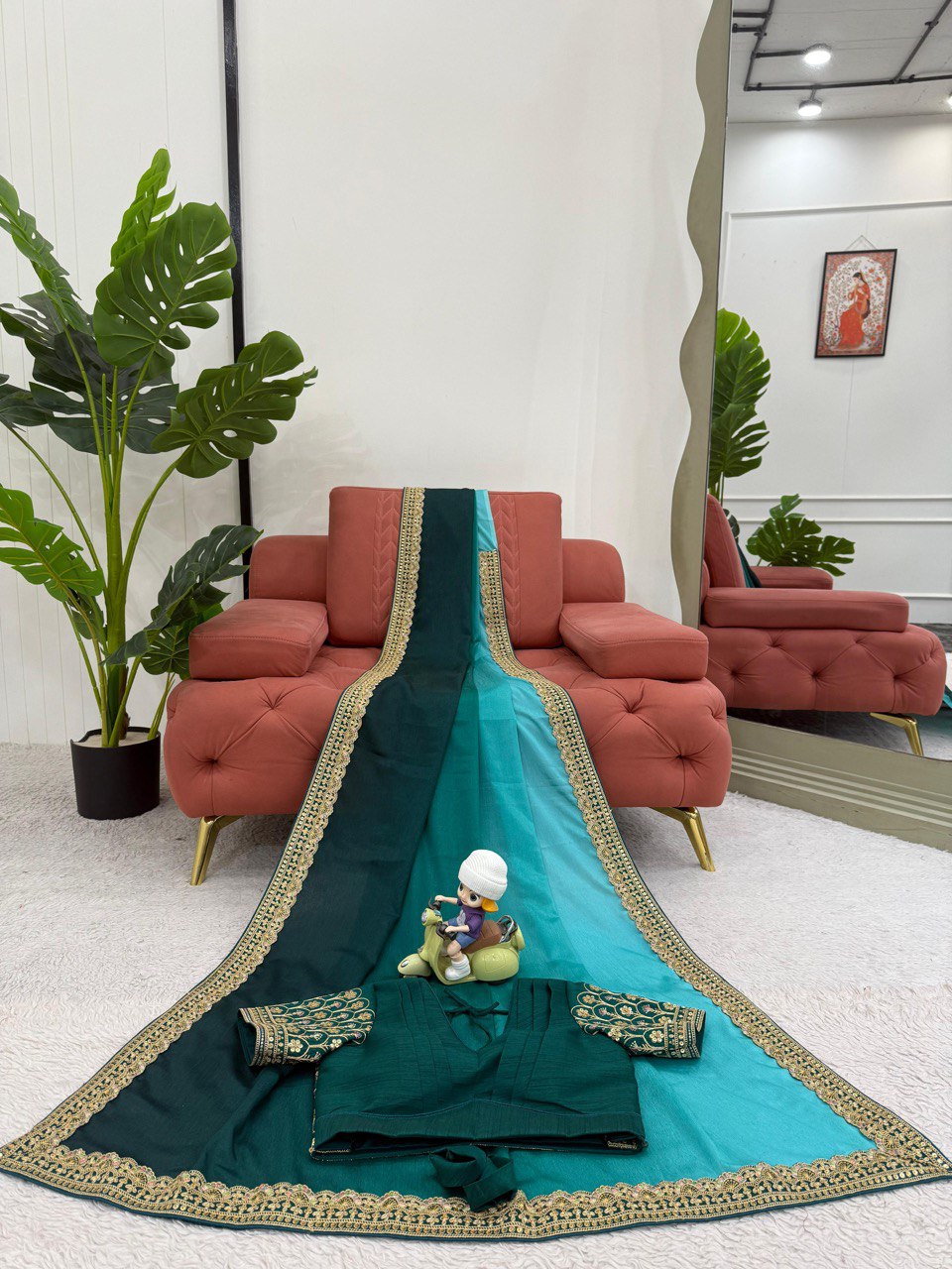 Rama & Green Ombre Silk Saree with Gold Embroidered Readymade Blouse - Wedding & Party Wear