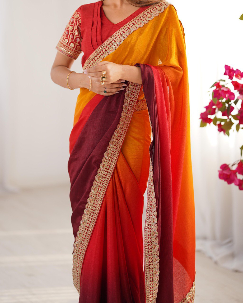 Orange & Maroon Ombre Silk Saree with Gold Embroidered Readymade Blouse - Wedding & Party Wear