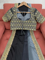 Black & Grey Ombre Silk Saree with Gold Embroidered Readymade Blouse - Wedding & Party Wear